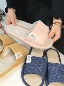 Japanese style fashion Linen soft bottom home wooden floor antiskid slippers for women indoor shoes