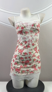 SATIN FABRIC ชุดนอนแซ่บๆ ชุดนอนลายกุหลาบ ✨ ไซต์ M-5XL นน 40-100 KG ชุดแต่งลูกไม้ ชุดสายเดี่ยว S-036