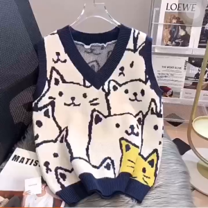 Korean Cute Cat Knitted Vest Tank Tops V-Neck Sleeveless Casual Shirts