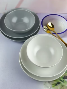 ชุดจานชาม จานเซรามิค ชามเซรามิค  สีครีม/สีเทา  มี 3 แบบ จานทรงลึก 9.1 นิ้ว จาน 9.75 นิ้ว ชาม  6.5 นิ้ว