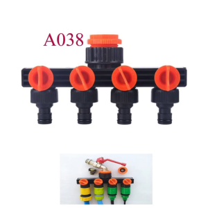 A038 ต่อแยกก๊อกน้ำ 4 ทาง ต่อกับเกลียวปลายก็อก 4 หุน 6 หุน หรือ 1 นิ้ว  หัวต่อทางออก 4 ทางแบบ สวมเร็วตัวผู้ ระบบน้ำ ประปา ล้างรถ รดน้ำต้นไม้