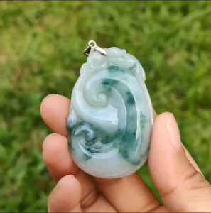 Special Offer Green with Light Green Floating Flower (Piaohua) Natural Type A Jadeite Pendant Necklace crafted with Bat on Ruyi with certificate weigh 17.71 grams 51.6 * 34.5 * 6 mm sysmbols of Happiness auspiciousness (pendant103)