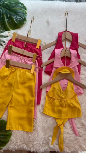 ชุดเซ็ตเด็ก2ชิ้น แฟชั่นน่ารักสไตล์เกาหลี  ชุดลูกสาว สีชมพูเข้มชมพูอ่อนเหลือง ไซส์ SML รหัส99