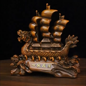 (เสริมกิจการค้าขาย) เรือสำเภาหัวมังกร ขนบ้านและสมบัติ พร้อมฐาน งานเรซิ่นสีไม้