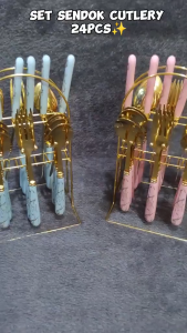 MQ Sendok Makan Set Motif Keramik / Sendok 24Set Marble Dengan Rak Mewah Gold Elegant