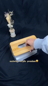 Kotak Tisu Tempat Penyimpanan Tissue Transparan Tutup Kayu Estetik Minimalis Premium Quality