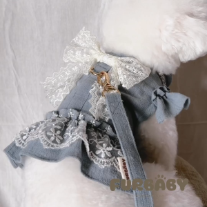Baju Anjing Kucing Harness Denim Dengan Free Tali Tuntun Motif Pita Renda