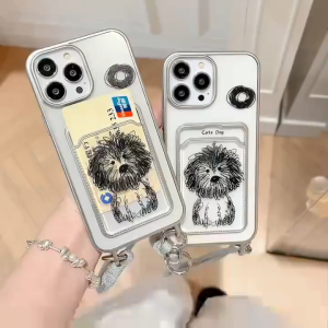 Cartoon line dog electroplating card case for iPhone 11 12 13 14 15 Pro Max Plus Anti drop soft cover casing for iPhone13 case