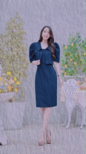 ฺB20918 set 2 ชิ้น ชุดเดรสแขนกุด + เสื้อคลุมคอปก2-piece set: sleeveless dress + collared jacket