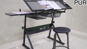 Drafting glass table with extra side table drawers and leather padded stool