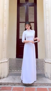 Áo dài trắng lụa cao cấp co dãn 4 chiều không lộ nội y 2 tà truyền thống cổ V nhiều size nữ học sinh mặc đi học trẻ trung vải co giãn