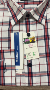 VIỆT TIẾN SALE - Áo Sơ Mi VIETTIEN Tay Dài Màu Trắng - Đỏ  Họa Tiết Caro Form Regular Lai Bầu Chính Hãng