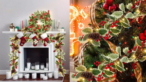 NUVOX 6.56FT Red Berry Holly Leaf Garland Christmas Decoration with Pinecones 20 Lights for Xmas Outdoor Indoor