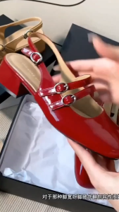 Red Mary Jane Sandals French Retro Double Strap Slingback Sandals 4CM Mid Heel Elegant Sandals