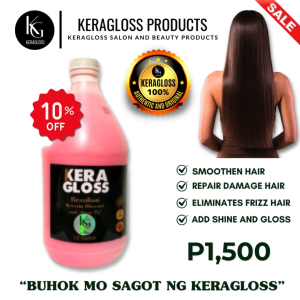 KERAGLOSS BRAZILIAN KERATIN BLOWOUT WITH ARGAN OIL STRAWBERRY SCENT - 1/2 GALLON. Smoothens hair repairs damage eliminates frizz adds shine and gloss. 10% off. P1500.