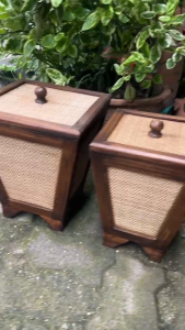 ถังขยะ ไม้สัก แต่งเสื่อ ถังไม้เอนกประสงค์ 3 ขนาด มีฝาปิด กล่องเก็บของ