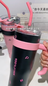 1200ml Large Capacity Kpop-Blackpink Thermos Cup Portable 304 Stainless Steel Coffee Mug Thermal Leak-proof Straw Water Bottle Popular Big Mac Thermos Cup Vacuum Ice Preservation 304 Stainless Steel Gift Box Ice Cup Large Capacity Handle Straw Cup