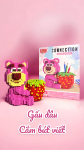 Bộ lắp ráp gấu dâu và Kuromi 1128 mãnh có hướng dẫn làm đồ cắm bút viết trưng bày bàn học Quà tặng bé