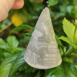 Very Unique and Rare Light Purple with Yellow Natural Type A Jadeite Pendant Crafted with waterfall moutain houses and coconut trees symbols of money power of life Extend upwards with certificate weigh 31.55 grams 49 * 32.3 * 13.5 mm (pendant70)