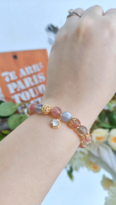 Ready Stock SG - Star Speckled Strawberry Quartz with Grey Moonstone Handmade Crystal Bracelet Handmade Natural Healing Crystal Bracelets