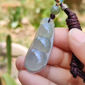 Premium Icy Translucent Green Hue Natural Type A Jadeite Jade crafted with French Beans as Pendant symbols of Beauty harmony harvest and happiness certificate weigh 7.44 grams measurement 41.3 * 16.2 * 6.9 mm (pendant219)
