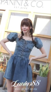 ••ส่งจากไทย•• ชุดเดรสยีนส์สั้น แขนตุ๊กตา ใส่ได้แบบเปิดไหล่ก็ได้💫#7132