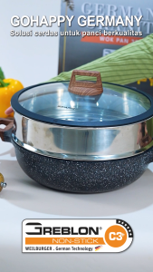 PANCI SET SUPER Kuat Wok Pan 32 CM+Steamer Gohappy Germany Granite C3 GREBLON JERMAN 3XLEBIH TEBAL Anti lengket premium FOOD GRADE