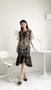 Dress RU-82 Batik Kombinasi Tile LD 100 PJG 95 Sleting Belakang Tali Pinggang Nyatu // Viral // Duyung // Mermaid // Pesta // Gaun // Kondangan // Formal // Gereja