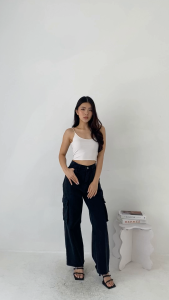 BAGGU Denim Cargo Loose Pants [Celana Hightwaist Wanita ] - Black SandWash