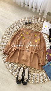 LAESHA BLOUSE - FLOTTILICIOUS / Baju Atasan Wanita Polo Linen Bordir Bunga / fashion ootd hijab outfit casual simple / belt tangan karet Panjang Dewasa