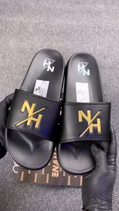 NAHA - Sandal Slop Karet Pria Wanita Logo Hitam Gold Distro Size 34-43