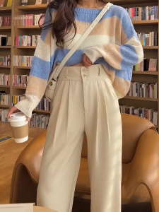 Celana Setelan Gaya Korea Wanita Longgar Drape Berpinggang Tinggi Celana Pel Kasual Kaki Lebar