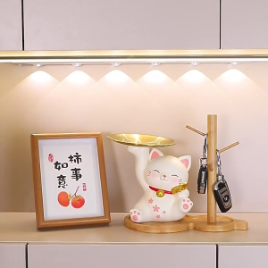 Chic Ceramic Lucky Cat Figurine with Gold-Tone Bells and Wood Base - Home Decor Key Holder
