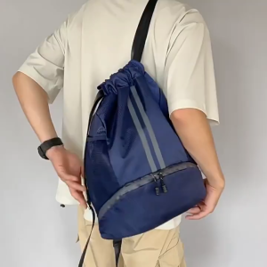 Black Drawstring Gym Bag for Men Waterproof Drawstring Backpack for Women Swim Bag with Shoes Compartment Pull String Sport Bag for Soccer and Basketball