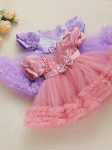 Uniqkids Princess Tulle Dress for Kids Girl Puff Sleeve Ball Gown Ruffle Dress For birthday party for Kids Girl