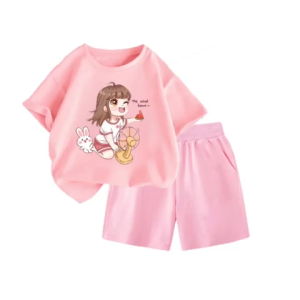 Set bộ quần áo cộc tay hình Cô Gái Thỏ và Quạt đơn giản dễ thương mùa hè chất vải cotton mềm mịn co giãn thoáng mát Size từ 9-53kg