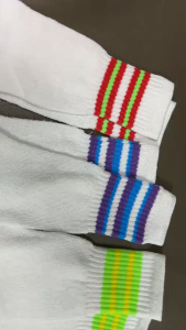 Master Polo 3 Pairs Sports White Socks Calf High Stokin Dewasa Panjang Berbelang Stoking Kerja Putih