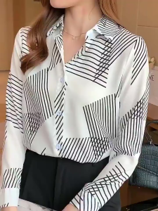 {Shipped From Manila+COD}(S-XL) Women’s Geometric Stripe Print Collared Blouse – Long Sleeve Button-Up Loose Fit for OL Office & Casual Daily Wear | Trendy Work Attire Shirt Tops