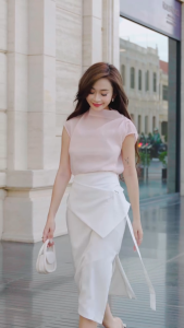 Chân váy midi cotton lạnh phối đắp tà Maybi