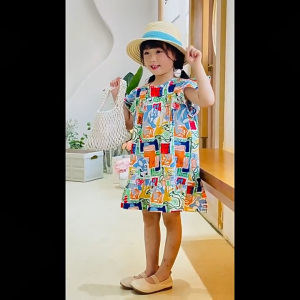 Insular ชุดเดรสเสื้อผ้าของสาวๆสำหรับเด็กเล็กและขนาดกลาง ชุดเดรสผ้าฝ้ายพิมพ์ลายการ์ตูนผ้าคอตตอน100% 12สี สูง 90-130 ซม