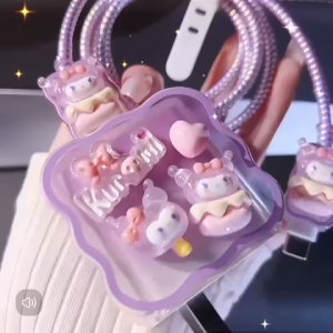 5in1 Set Cover Pelindung Charger iPhone 18W/20W/25W Motif 3D Cartoon Lucu Silikon Case Pelindung Batok Ujung Kabel Pengikat Kabel Ikat Kabel Travel Adapter Adaptor Silicone Cable Bite Protector