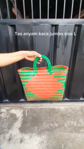 Tas Anyaman Plastik Kaca Jumbo (L) / Tas Anyam  Keranjang Belanja / Tas Bingkisan Hampers Parcel
