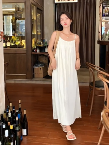Women Casual Plain Ruched Dress Korean Style Sleeveless Loose Slip Solid Cami Midi-Dress