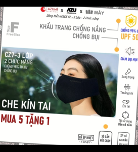 Khẩu trang vải chống nắng Che Kín Tai 3 lớp chống tia UV và chống bụi mịn màu đen Azumikichi - CZ7