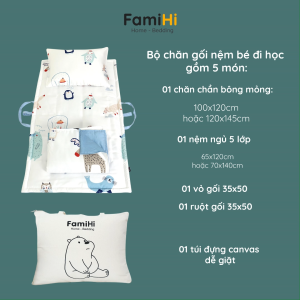 Bộ chăn nệm gối lụa tencel 60S cho bé đi học mẫu giáo mầm non tiểu học FamiHi cao cấp 100% lyocell thiên nhiên.