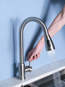 WINGS 304 Stainless Steel Faucet 360 ° Rotating Two Effluent Modes Telescope Pull-out Vegetable and Dish Washing Sink Faucet