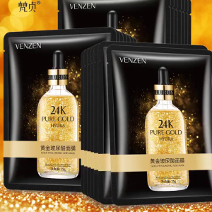 สินค้าขายดี แผ่นมาส์กหน้า เวนเซน Venzen 24K Pure Gold Hydra Mask มาส์กหน้า​ 1 กล่อง 10 ชิ้น No.FZ16435