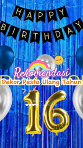 Dekorasi Acara Pesta Ulang Tahun Anak Warna Biru Banner Tirai Gratis Balon Angka