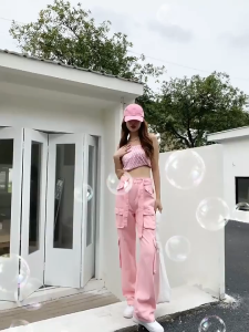 Multi-Saku Retro Merah Muda Pinggang Tinggi Celana Kargo Spice Girl Dance Longgar Lurus Celana Kargo