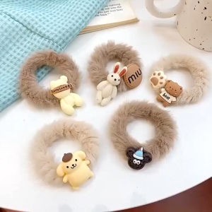 CODMALL Ikat Rambut Cokelat Bulu Halus Karakter Beruang Bunga Pita Fashion Lucu Wanita Korea Anak Perempuan Cewek A131